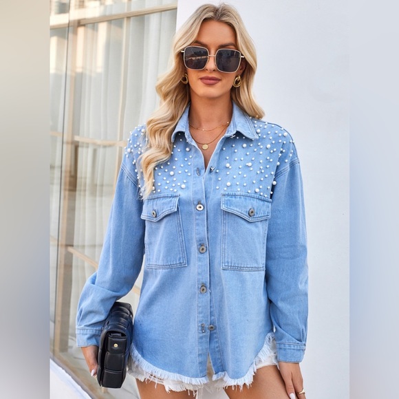 Pearl Detail Pocketed Button Up Denim Jacket - Picture 1 of 3